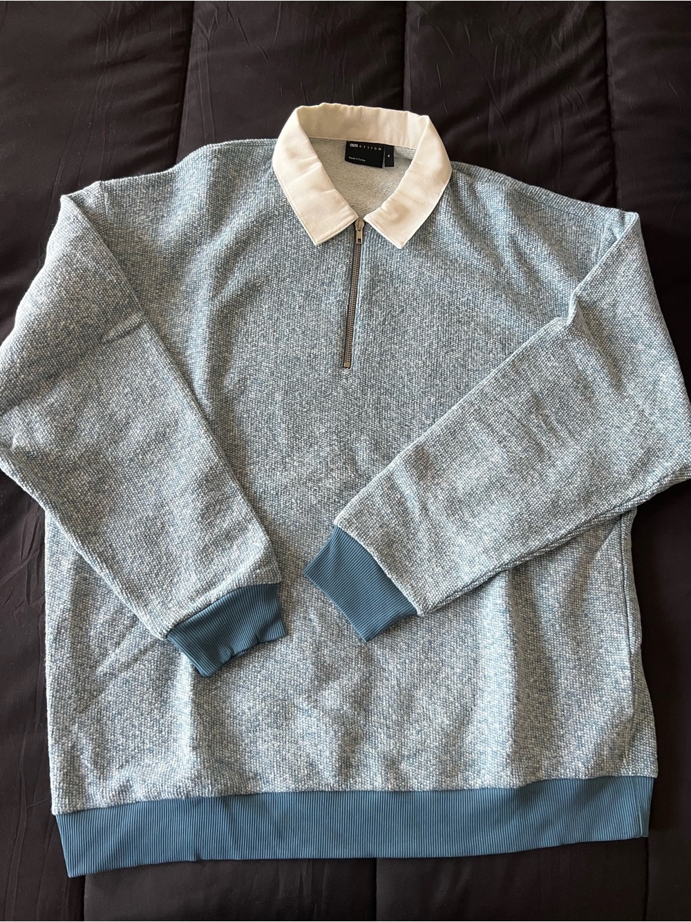 Men's Heather Blue Quarter-Zip Knit Sweater with Contrast Collar Size XL